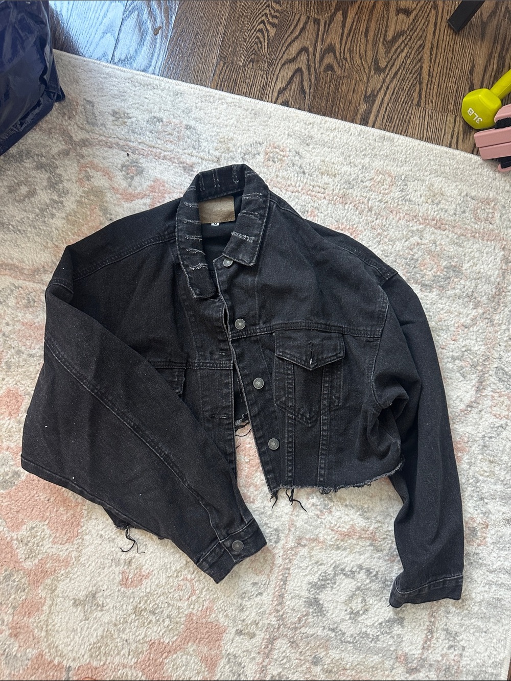 Cropped Distressed Black Denim Jacket